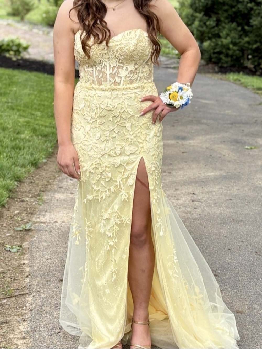Strapless Yellow Lace Evening Dress